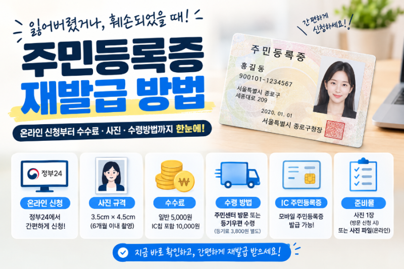 주민등록증 재발급 방법 총정리｜온라인 신청부터 수수료·사진·수령방법까지