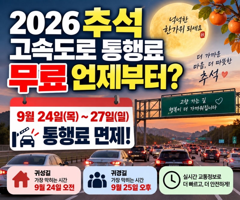 2026 추석 고속도로 통행료 무료 언제부터? 24~27일 면제 귀성 귀경 가장 막히는 시간