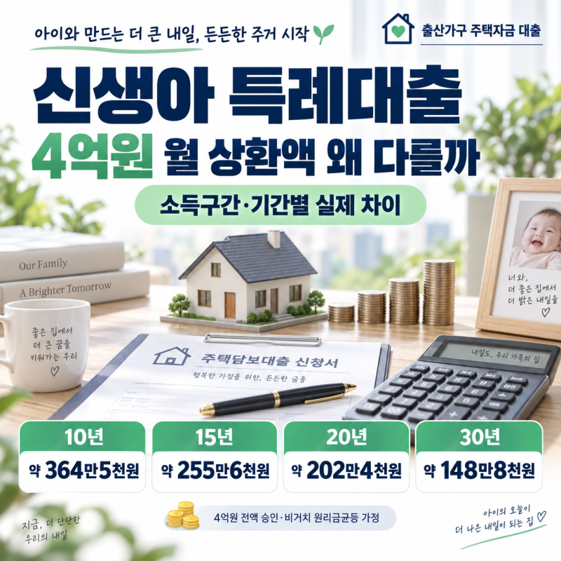 신생아 특례대출 4억원 월 상환액 왜 다를까｜소득구간·기간별 실제 차이