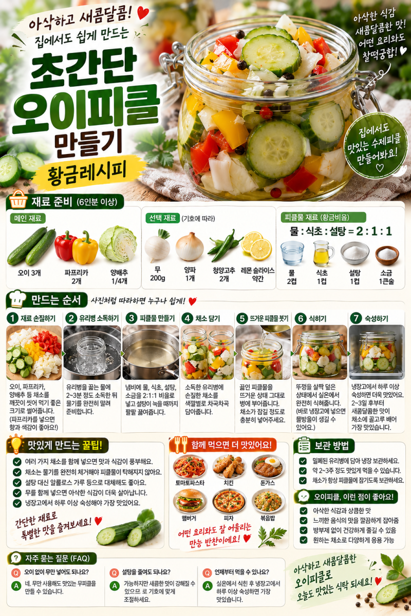 초간단 오이피클 레시피 새콤달콤 아삭한 황금레시피