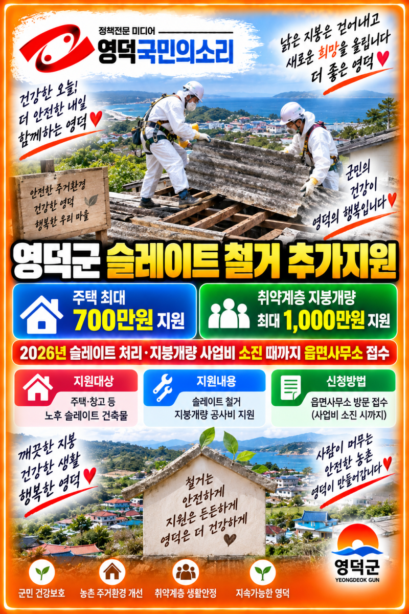 영덕군 슬레이트 철거 추가지원 주택 최대 700만원 취약계층          지붕개량 최대 1000만원