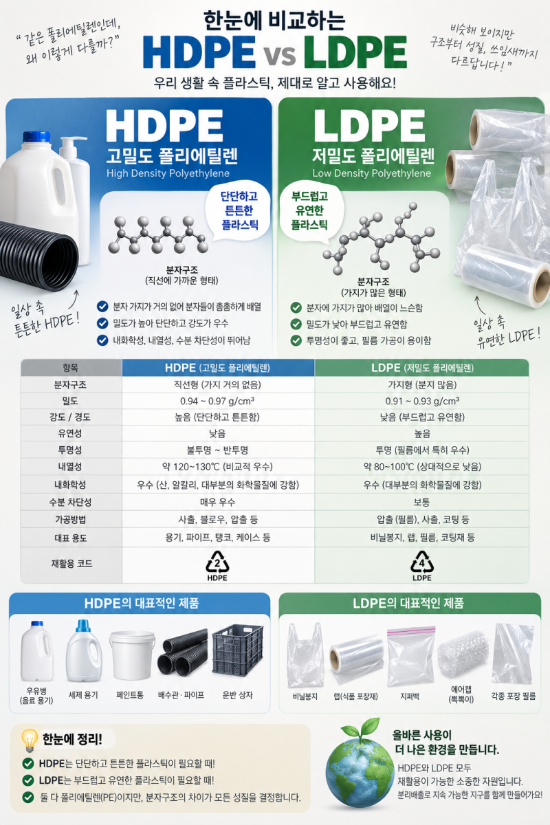 HDPE와 LDPE 차이 총정리｜밀도·강도·내열성·용도·재활용까지 한 번에