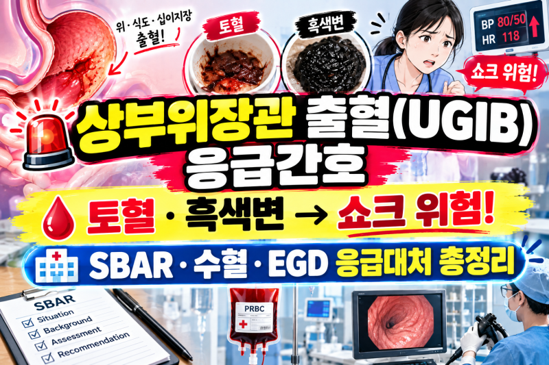 상부위장관 출혈(UGIB) 응급간호 총정리｜토혈·흑색변·쇼크 사정부터 SBAR·수혈·EGD까지