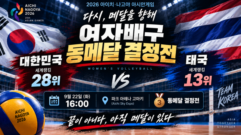 2026 아시안게임 여자배구 한국 태국 | 동메달 결정전 일정·세계랭킹·전망