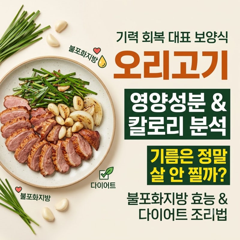 오리고기 영양성분과 칼로리 분석 불포화지방 효능 및 다이어트 조리법