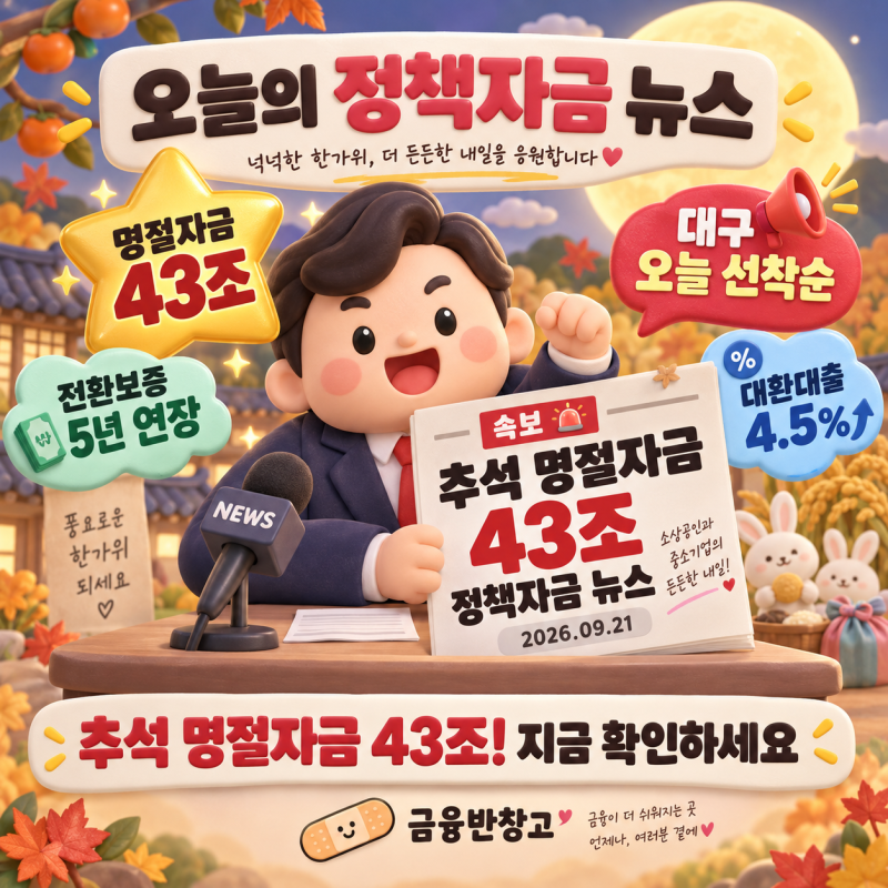 [정책자금 뉴스] 2026.09.21 소상공인·중소기업 금융지원 주요 뉴스 | 추석 명절자금 43조 대구 5....