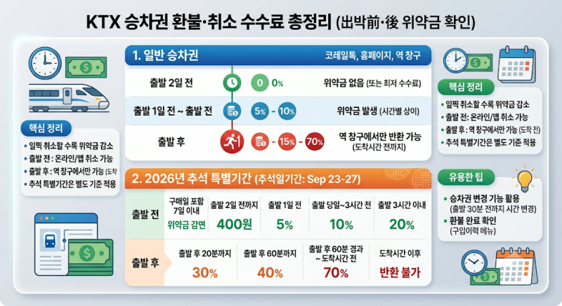 KTX 승차권 환불·취소 수수료 총정리｜출발 전·후 위약금 확인