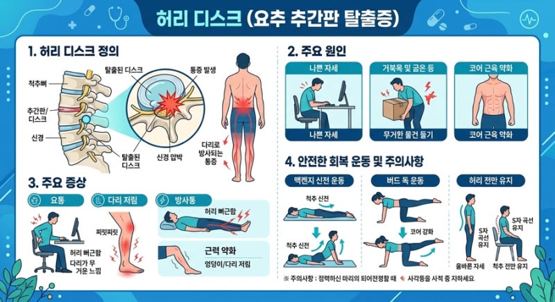 허리디스크(요추 추간판 탈출증)이란, 원인, 증상, 운동