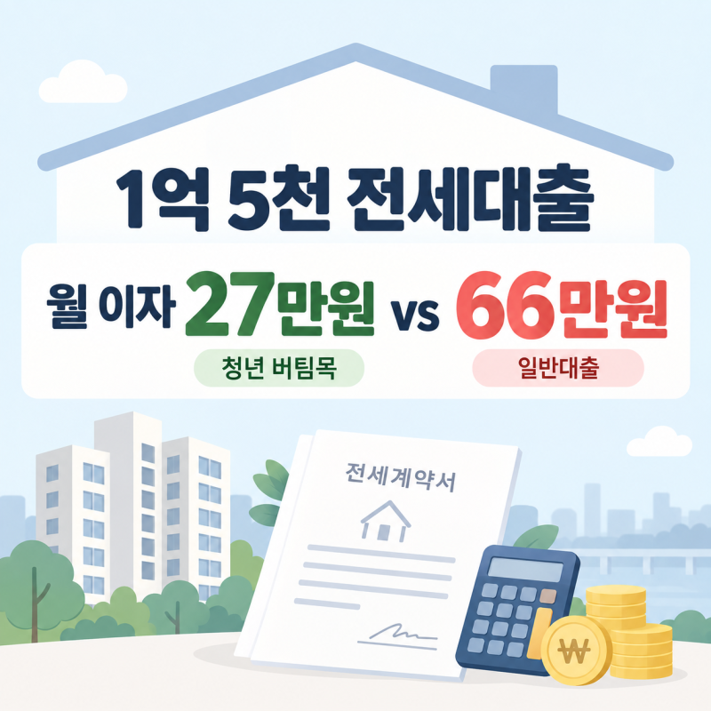 청년 버팀목 전세대출 1.5억 받으면 이자 얼마? 일반대출 5%대와 월이자 비교