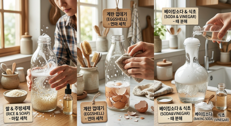 입구가 작은 유리병 깨끗하게 닦는 법! 손 안 닿는 병 청소 5가지 꿀팁