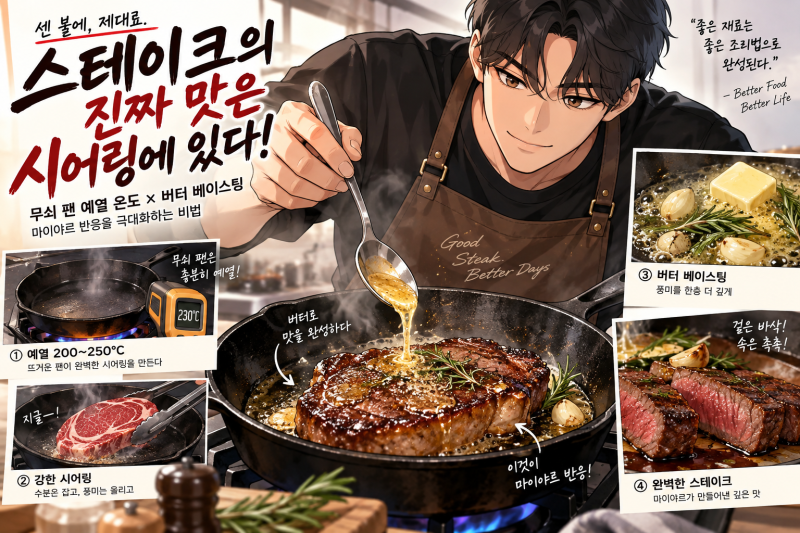 스테이크 시어링 마이야르 반응 극대화: 무쇠팬 예열과 버터 베이스팅 비법