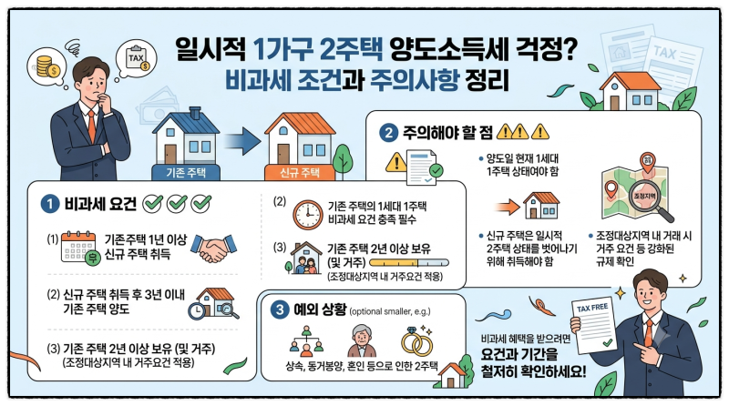 일시적 1가구 2주택 양도소득세가 걱정된다면? 비과세 조건과 주의해야 할 점 등 정리
