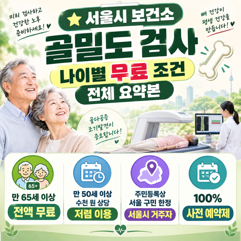 "뼈 구멍 숭숭 골다공증 예방! 50대 60대 엄마 필수 서울시 보건소 무료 골밀도 검사 조건"