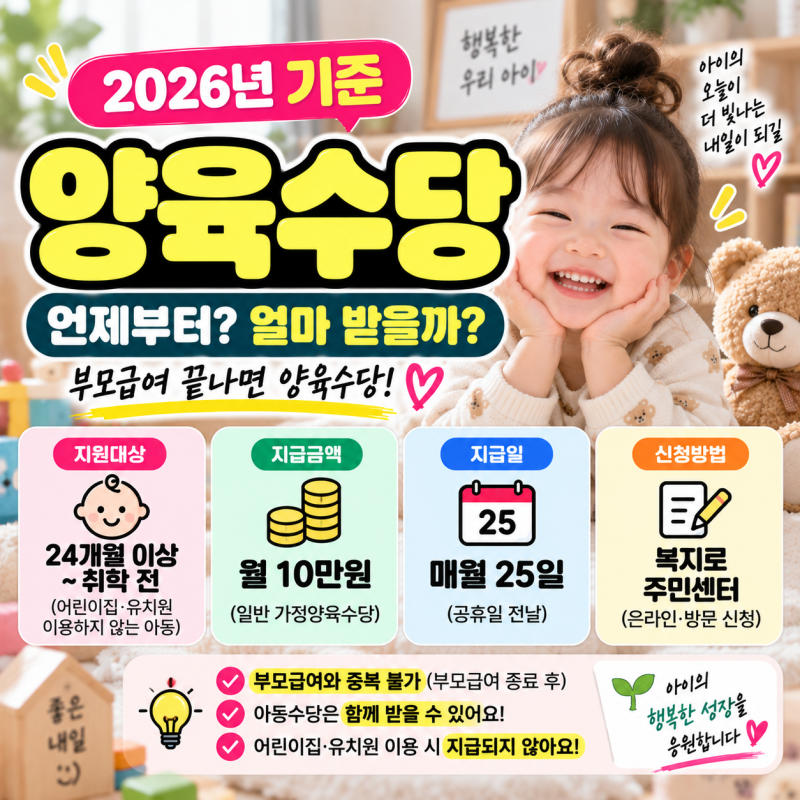 양육수당 2026년 얼마 받을까? 부모급여 끝난 뒤 지급 나이·금액 총정리