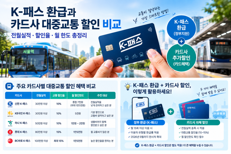 K-패스 환급과 카드사 대중교통 할인 비교｜전월실적·할인율·월 한도 총정리