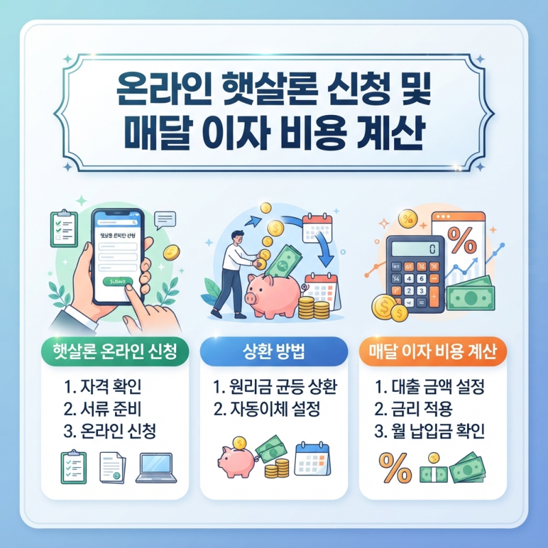 온라인 햇살론 신청 및 상환방법, 매달 이자 비용 계산