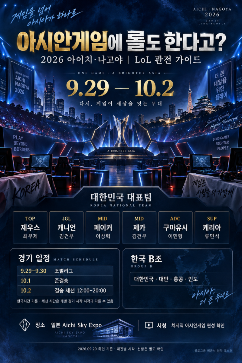 아시안게임에 롤도 한다고? 2026 롤 국가대표·경기 일정·중계 보는 법 총정리