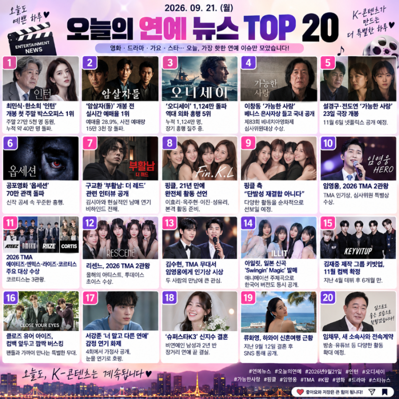 2026년 9월 21일 오늘의 연예 뉴스 TOP 20｜인턴·오디세이·가능한 사랑·핑클·임영웅 TMA