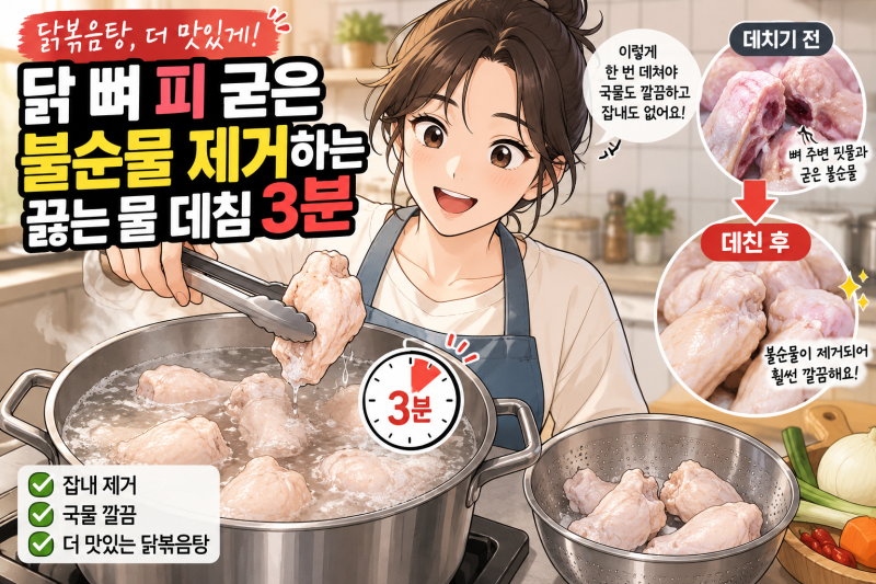 닭볶음탕 닭 뼈 피 잡내 완벽 제거! 끓는 물 3분 초벌 데치기 비법