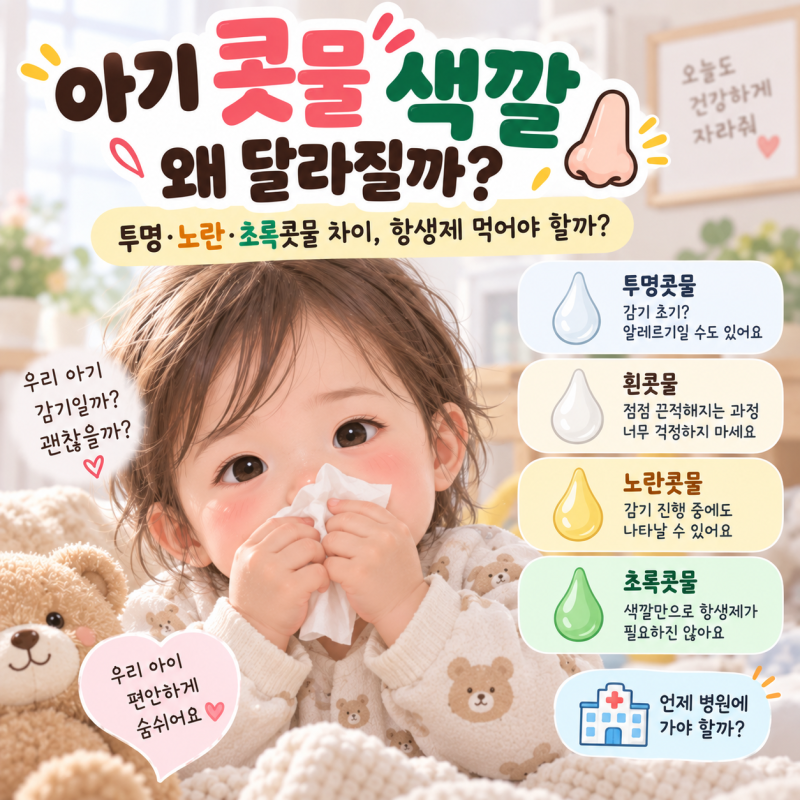 아기 콧물 색깔 왜 달라질까? 투명·노란·초록콧물 차이, 항생제 먹어야 할까?
