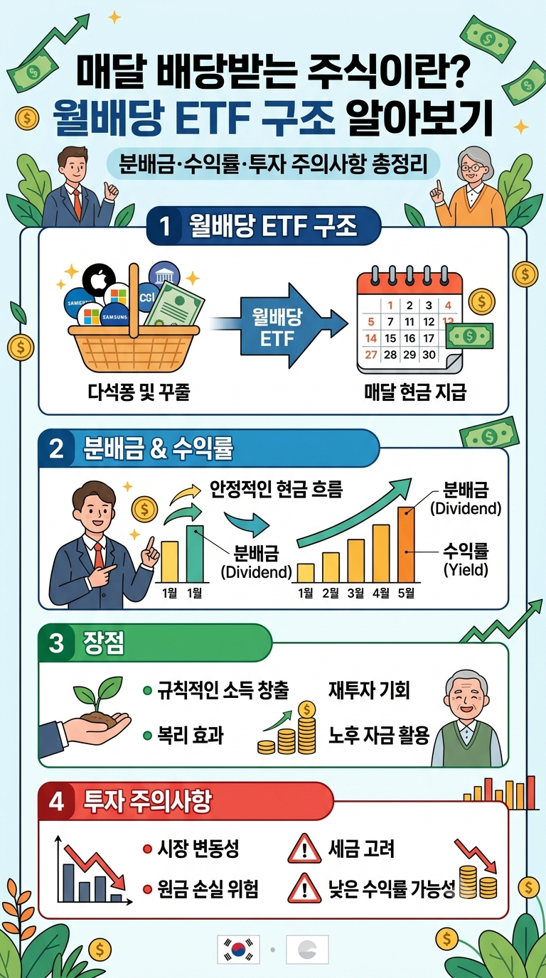 매달 배당받는 주식이란? 월배당 ETF 구조 알아보기｜분배금·수익률·투자 주의사항 총정리