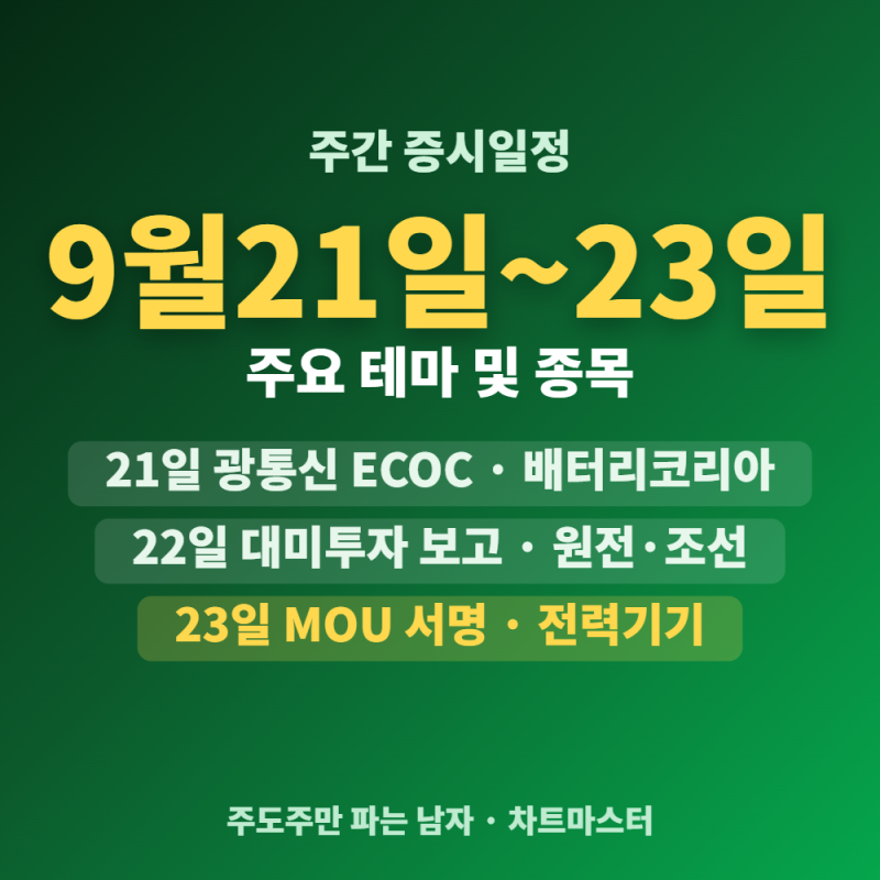 9월 21일~23일 주식시장 핵심 일정 총정리(ECOC 광통신·배터리코리아·네오사피엔스 상장·대미....
