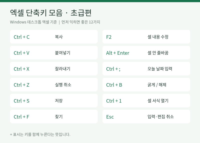 엑셀 단축키 모음 12가지｜복사·줄바꿈·셀 수정부터 배우는 초급편