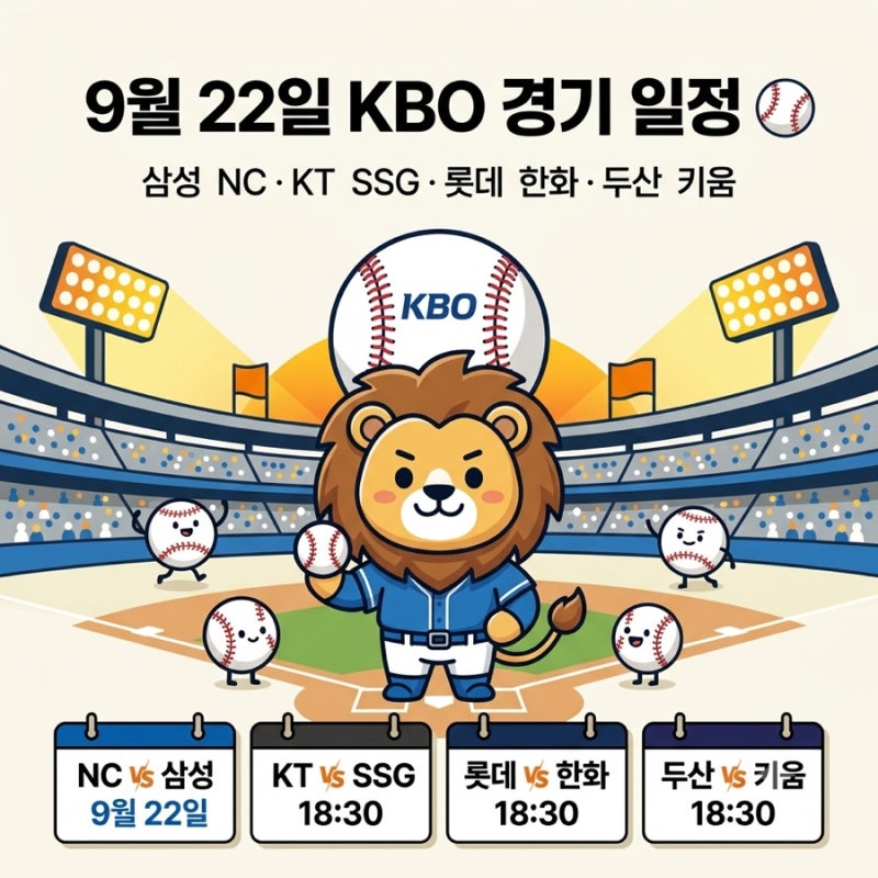 ⚾ 9월 22일 KBO 경기 일정｜삼성 NC·KT SSG·롯데 한화·두산 키움 선발투수 총정리
