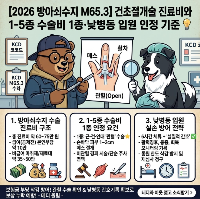 [2026 방아쇠수지 M65.3] 건초절개술 진료비와 1-5종 수술비 1종·낮병동 입원 인정 기준