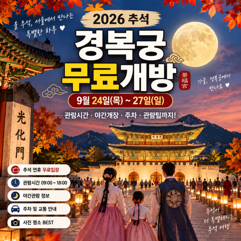 2026 추석 서울가볼만한곳 경복궁 무료개방 기간 관람시간 주차 수문장 교대식 시간 총정리