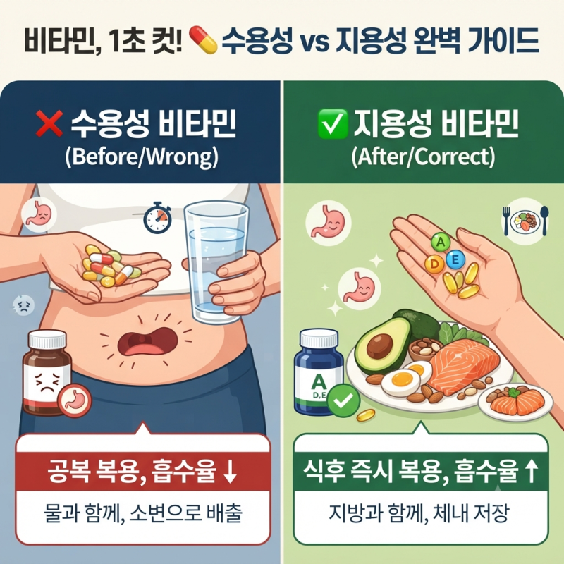 수용성 vs 지용성 비타민 차이와 흡수율 높이는 식전·식후 복용 시기