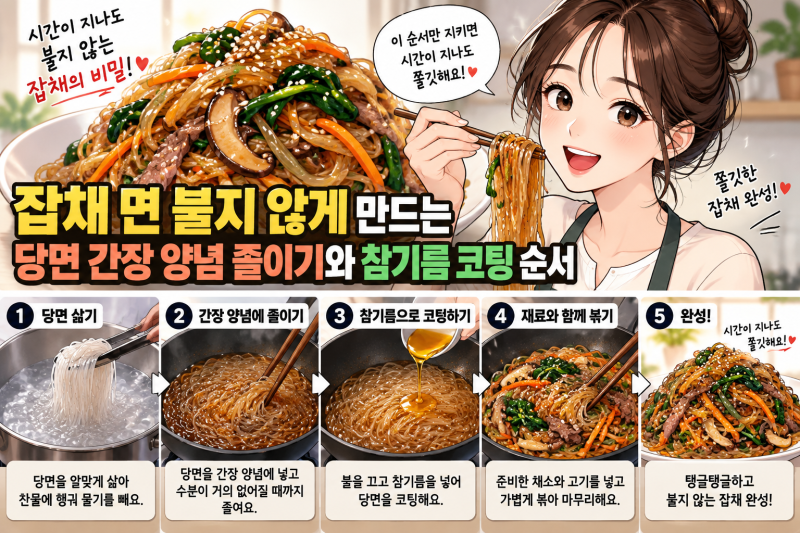 잡채 면 안 불게 만드는법 당면 간장 양념 졸이기 참기름 코팅 순서