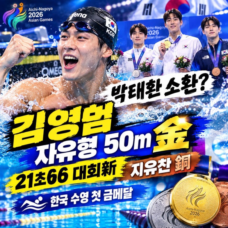 나고야 아시안게임 김영범 금메달에 박태환 소환 되었다는데 : 자유형 50m 금메달 황선우 결....