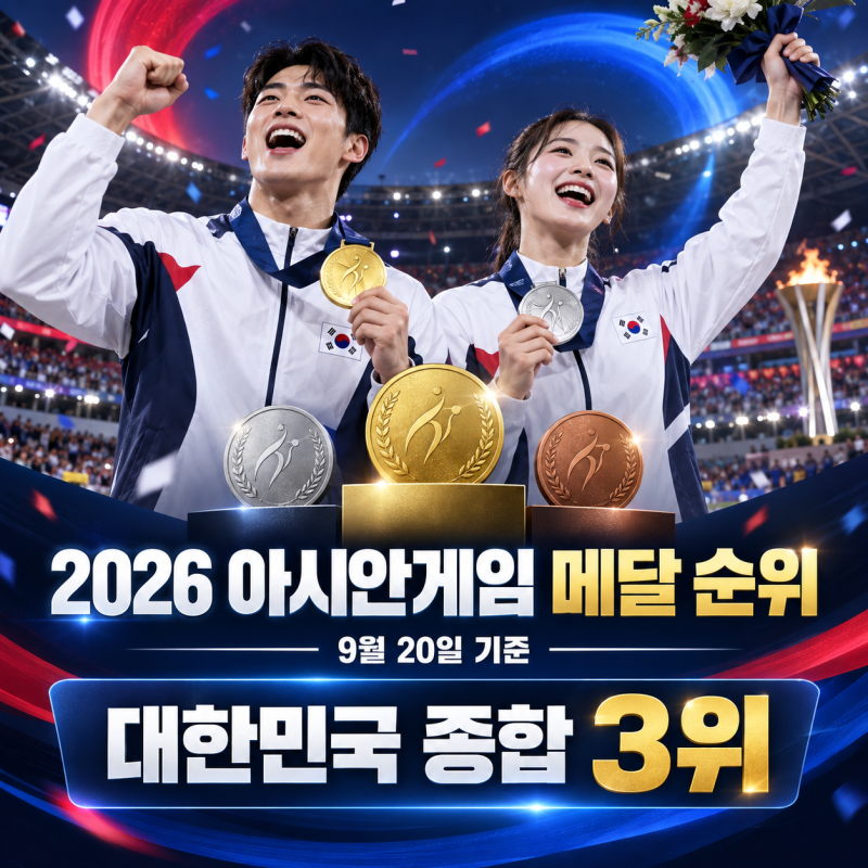 2026 아시안게임 메달 순위 9월 20일｜대한민국 금메달 4개 종합 3위