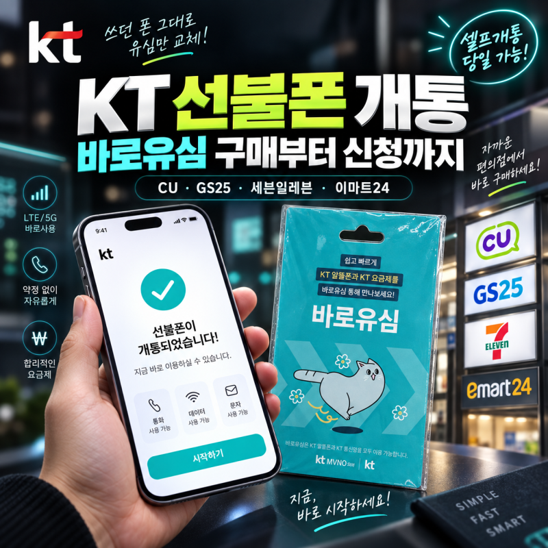 KT 선불폰 개통 방법, CU·GS25·세븐일레븐·이마트24 바로유심 구매부터 신청까지