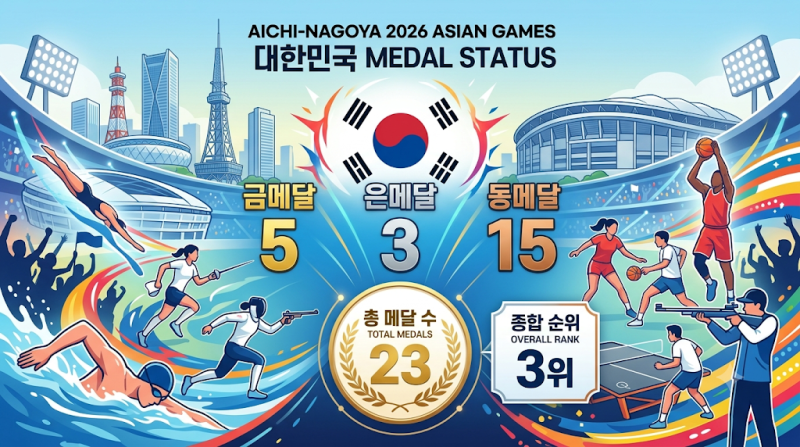 2026 아이치·나고야 아시안게임 한국 메달 총정리 금 5·은 3·동 15, 현재 종합 3위!