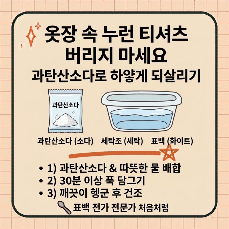 옷장 속 누런 티셔츠 버리지 마세요, 과탄산소다로 하얗게 되살리는 완벽 표백법
