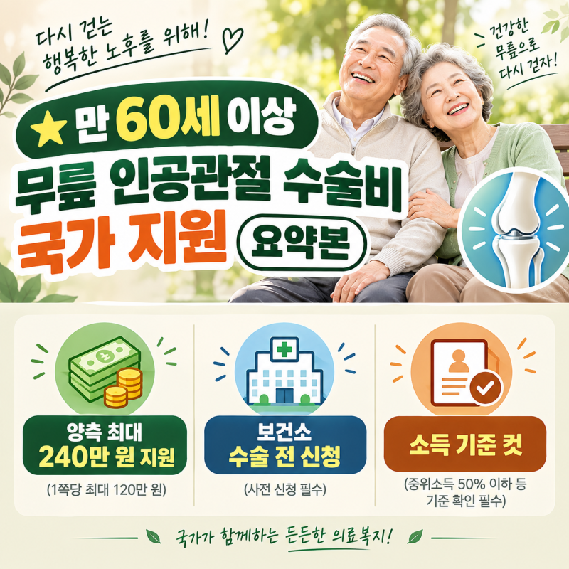 "찬바람 불면 쑤시는 무릎 관절염! 만 60세 이상 국가 지원 인공관절 수술비 신청 자격"