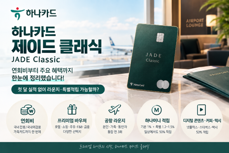 첫 달 실적 없이 공항 라운지 이용 가능한 추천 카드/ 하나카드의 신용카드/제이드 클래식 카....