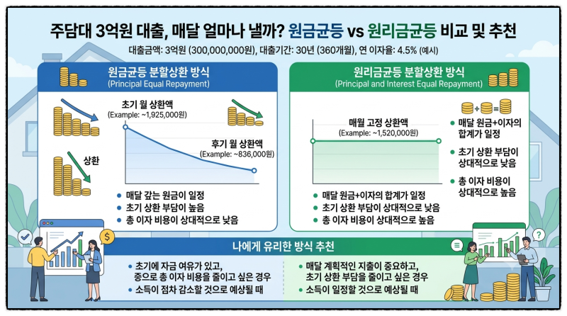 주담대 3억 원 대출이면 매달 얼마나 내야 할까? 원금균등과 원리금균등 조건을 통해 본 비교....
