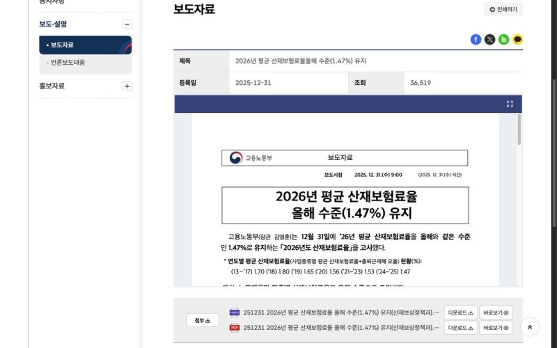 산재보험 요율 2026년, 음식점업은 0.8%에 출퇴근재해까지