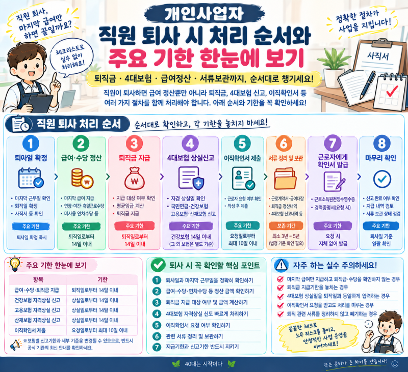직원 퇴사 시 사업주가 해야 할 일 총정리｜퇴직금·4대보험·급여 정산 체크리스트