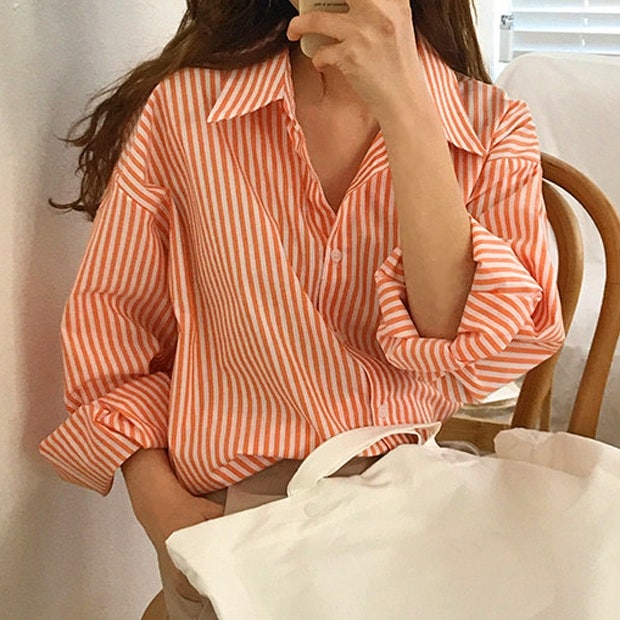 컬러플 스트라이프 셔츠 여성 긴팔 가을 오렌지 블루 줄무늬 루즈핏 캐주얼 블라우스 남방
