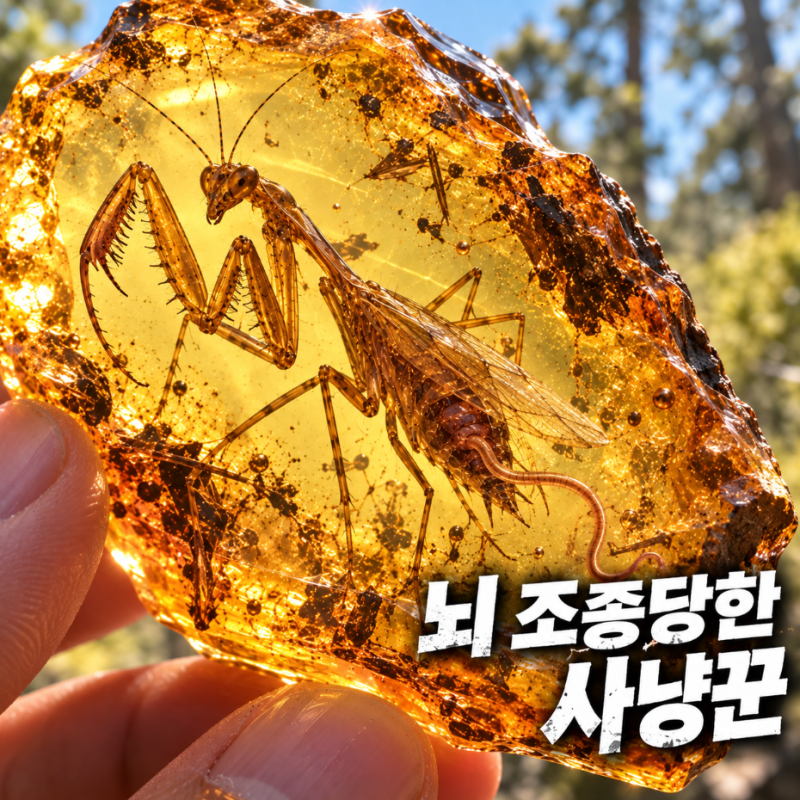1억 년 전 호박 보석 속에서 사마귀 배를 뚫고 탈출하던 고대 연가시 화석