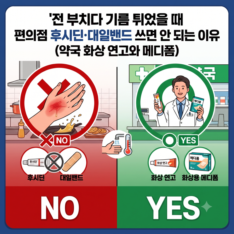 전 부치다 기름 튀었을 때 편의점 후시딘·대일밴드 쓰면 안 되는 이유 (약국 화상 연고와 메....