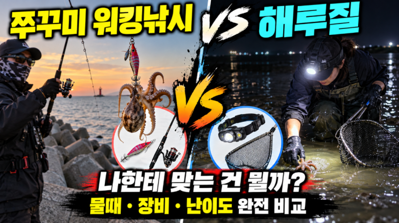 쭈꾸미 워킹낚시 VS 해루질｜초보자는 뭐가 더 쉬울까? 물때·장비·포인트 비교