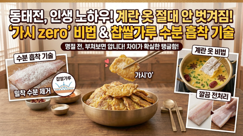 명절 동태전 가시 없이 깔끔하고 계란 옷 벗겨지지 않는 찹쌀가루 수분 흡착 기술
