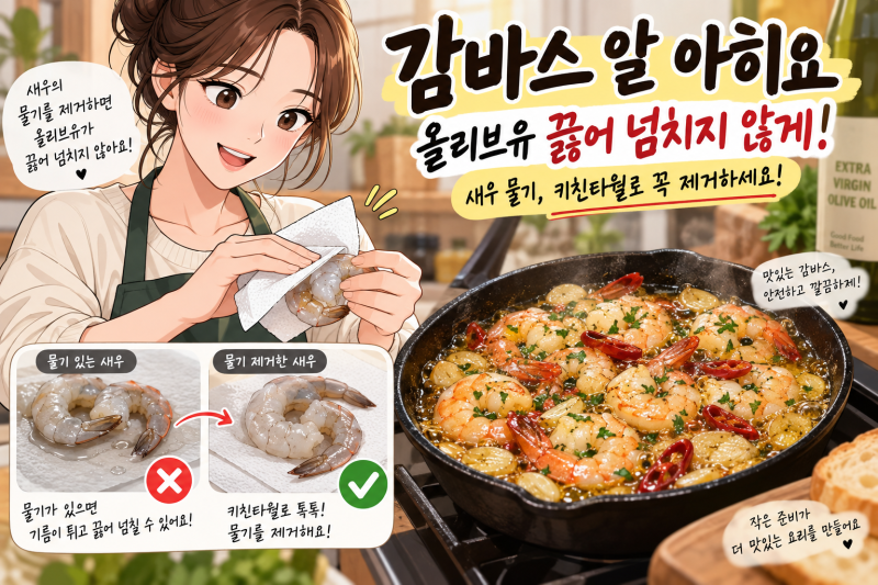 감바스 알 아히요 올리브유 끓어 넘침 방지! 새우 물기 제거 노하우
