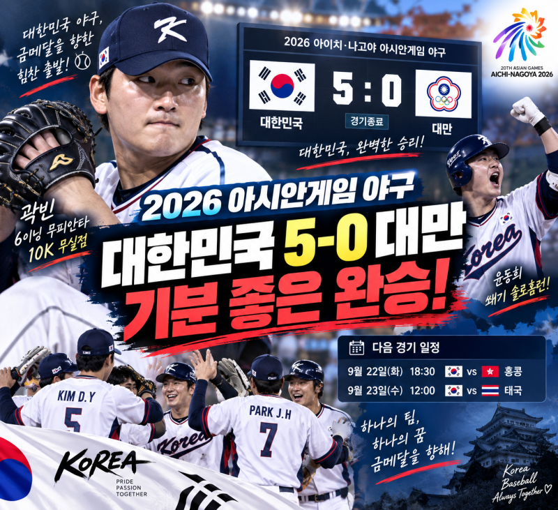 2026 아시안게임 야구 한국 대만 5-0 완승｜곽빈 10K 노히트 역투·윤동희 홈런, 다음 경기 일정