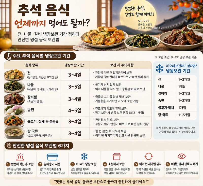 추석 음식 언제까지 먹어도 될까? 전·나물·갈비 냉장보관 기간 정리와 안전한 명절 음식 보....
